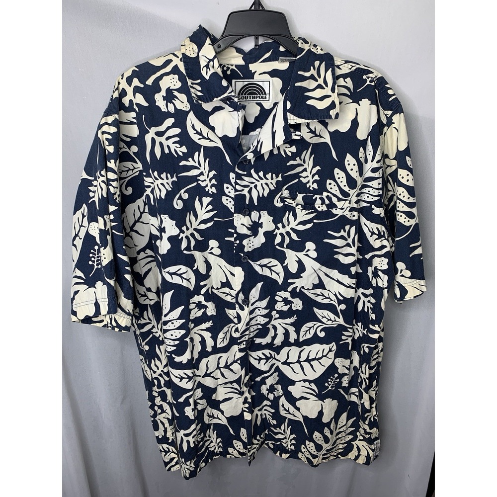 Mens L South Pole Hawaiian Button Down Cotton Blue White Floral Beach Resort